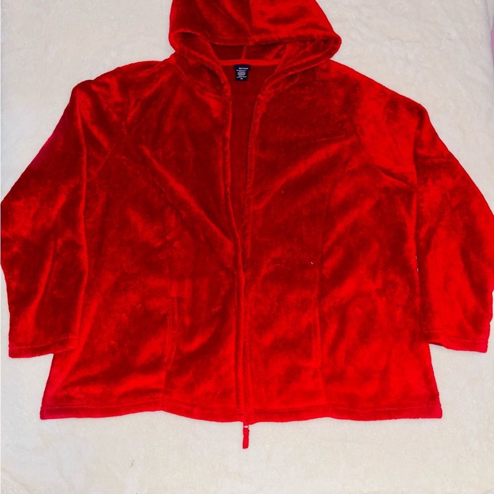 Basic Editions Bright Red Soft Fleece Zip Up Hooded Jacket